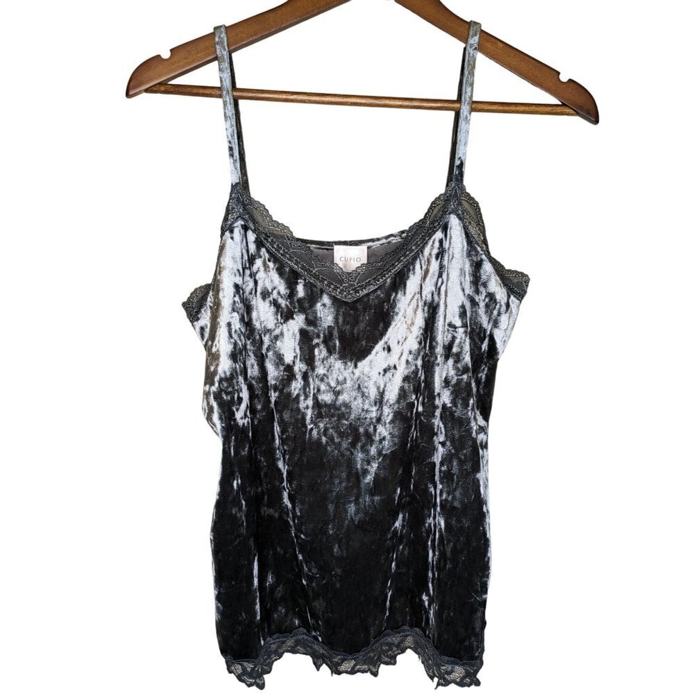 Cupio Crushed Velvet Lace Trim V Neck Tank Top Medium Gray Y2K Fairy Grunge Goth